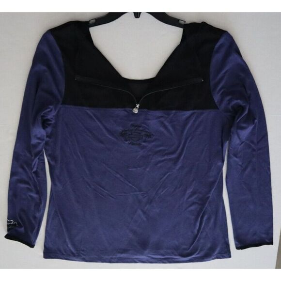 Harley-Davidson Women's Sz 2XL Blue/Black L/S Chiffon Scoop Neck Back Zip Blouse - Picture 8 of 10